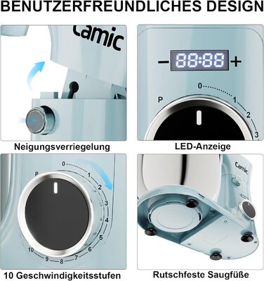 Кухонний комбайн-міксер Camic з LED-дисплеєм, 10 швидкостями та 2 чашами з нержавіючої сталі (4Л та 5Л), набір з 3 аксесуарів для тіста, хліба та тортів, синій