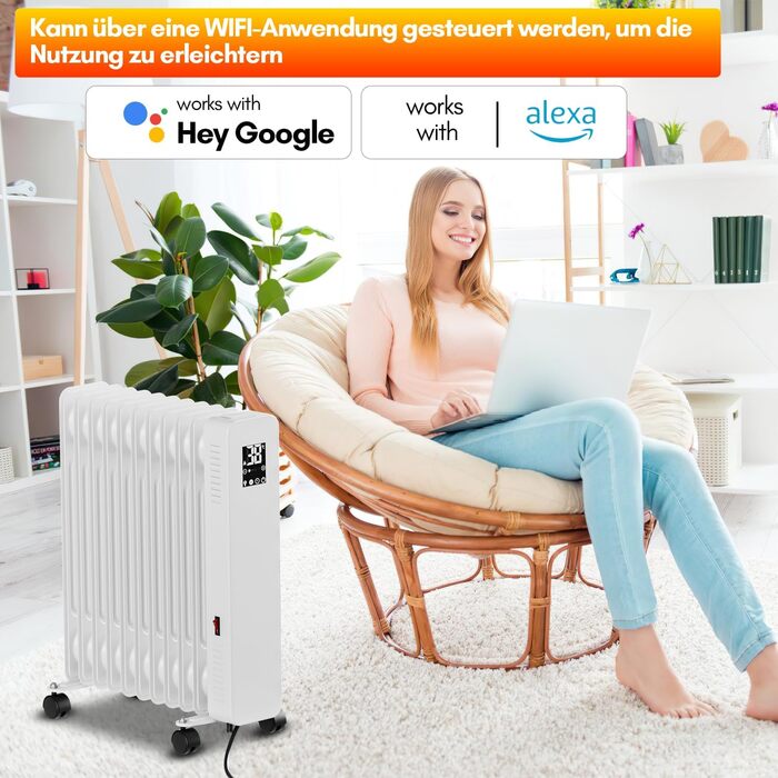Масляний радіатор Sonnewelt 2500W з WiFi, 11 ребер, термостат, 3 режими, цифровий дисплей, захист від перегріву, чорний