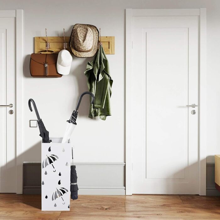 Lestarain Metal Umbrella Stand with Water Tray and Hooks - White Cube Design, 20x20x49cm