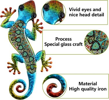HONGLAND Metal Gecko Wall Decoration, Lizard, Garden Art, Colorful Glass Sculpture for Hanging, for Indoor and Outdoor Use, Patio, Fence (Symphony), 2 Pieces