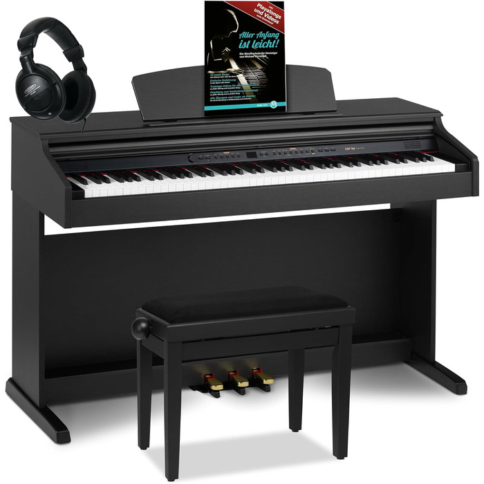 Цифрове піаніно Cantabile DP-50 SM E з 88 клавішами та молоточковим механізмом, 14 голосів, USB, 3 педалі, роз'єми для навушників, підставка для нот - в комплекті банкетка, навушники, навчальний курс - чорний матовий