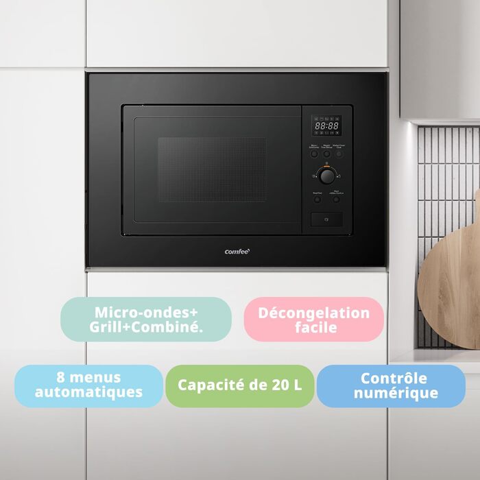 Вбудована мікрохвильова піч COMFEE' CBMAG820BJL-BK, 20 л, 800 Вт, гриль, 5 рівнів потужності, 8 автоматичних меню, функція швидкої заморозки, чорний колір