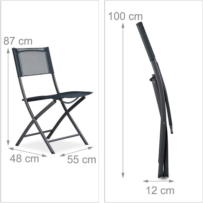 Складаний стілець Relaxdays для балкона, 2 шт, метал і пластик, антрацит, 87x55x48 см
