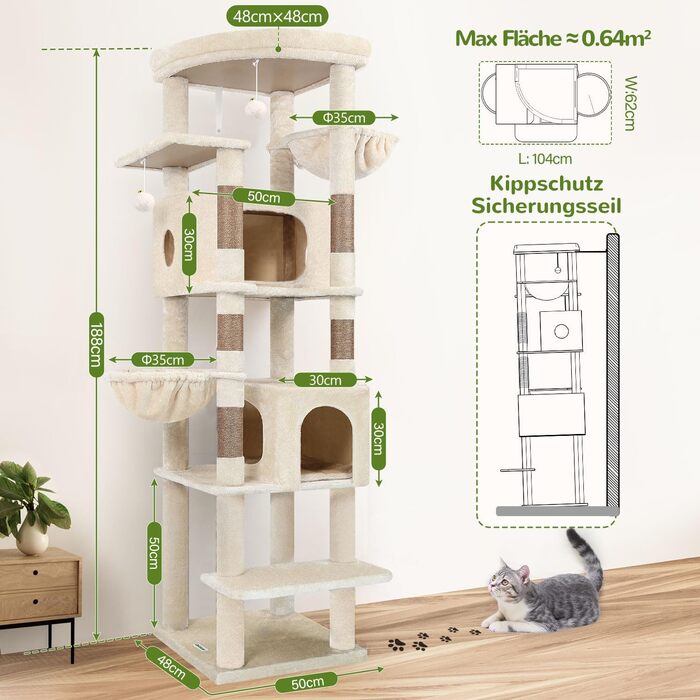 Драбинка для котів Globlazer XXL Бежева, 188 см: великий будиночок, платформа, 2 кошики, стабільна, кутова, легко миється (S74)