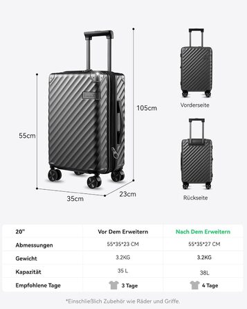 LUGGEX Carry-on Suitcase Hard Shell with Wheels - Expandable to 38L - Robust Polycarbonate for Stress-Free Travel (Black, 55*35*23CM)