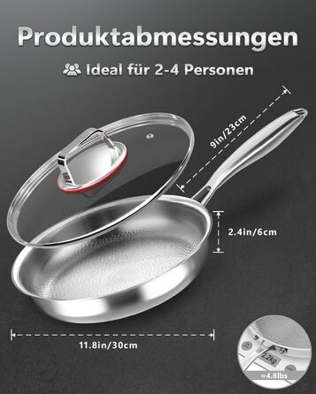 Сковорода з нержавіючої сталі 30 см Titan, з кришкою, для індукційних плит, 18/10, підходить для духовки та посудомийної машини