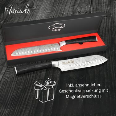 Японський ніж Santoku Marindo® з нержавіючої сталі 17,8 см | Ніж для кухні з дамаскною обробкою та стійкою дерев'яною ручкою | Універсальний японський ніж з подарунковою упаковкою | Гострий та нержавіючий