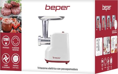 М'ясорубка електрична BEPER P102ROB200 з нержавіючої сталі, 1200 Вт + насадка для томатів
