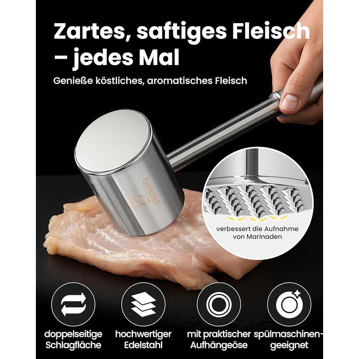 Преміум Fleischklopfer від Brendo: м'ясорубка з масивного нержавіючої сталі, двостороння, з плоскою та зубчастою поверхнею для будь-якого м'яса, + E-Book рецептів, придатна для миття в посудомийній машині, шніцельниця