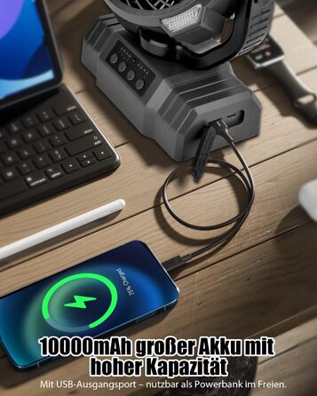 Портативний вентилятор для кемпінгу з акумулятором 10000mAh, LED-ліхтар, 270° обертання, USB-зарядка, для намету, відпочинку на природі, риболовлі, офісу (Чорний)