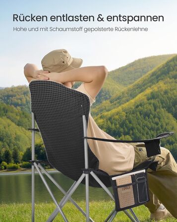 Кемпінговий стілець SONGMICS складаний, широкий, з високою спинкою, чорно-сірий GCB005BH01 - для пікніка, відпочинку на природі, з підсклянником та органайзером