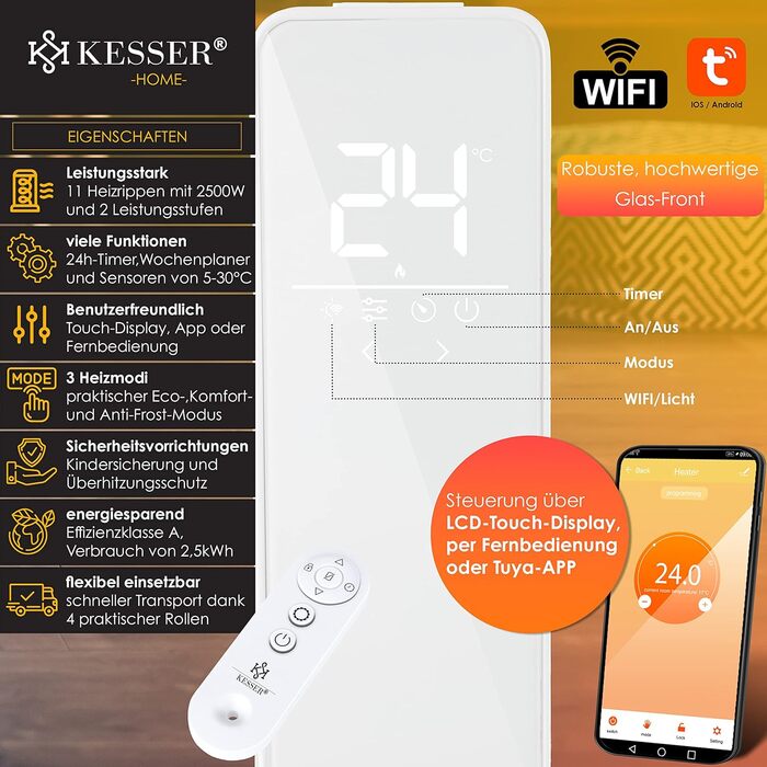 KESSER® 2500W Oil Radiator Mobile Electric Heater – Energy-Saving with WiFi App Control & LED Touch Display Remote Control Oil Radiator Heater Electric 11-Rib Radiator 24h Timer Overheat Protection White