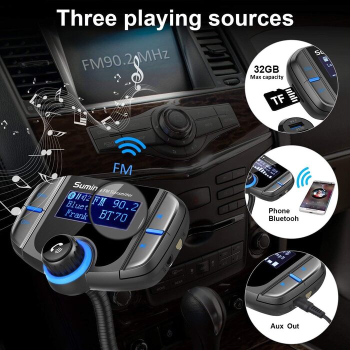 Bluetooth FM трансмітер з дисплеєм 1,7 дюйма та двома USB-портами, чорний