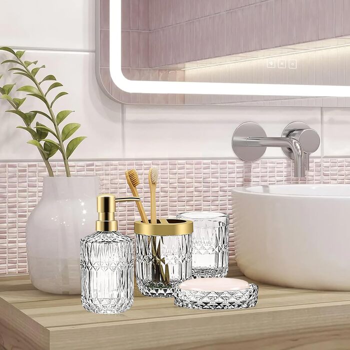 Набір аксесуарів для ванної кімнати зі скла, 5 шт. (Дозатор для лосьйону, мильниця, тримач для зубних щіток, стакан, ватні палички)
