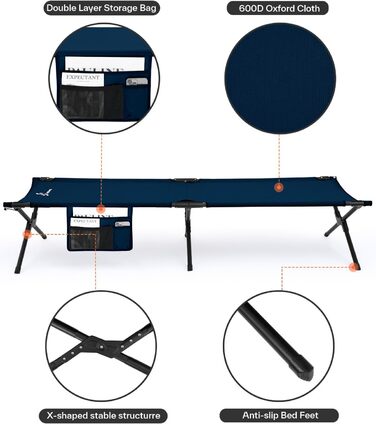 Розкладне ліжко Sportneer для кемпінгу та відпочинку на природі (199x73 см, блакитне)