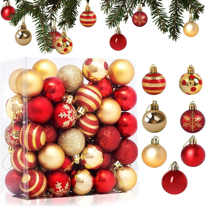 Новорічні кулі для ялинки, 50 шт. 3/4/6 см, з глітером, червоно-золоті. Пластикові прикраси для ялинки