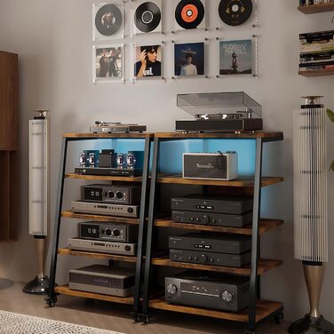 HiFi тумба з колесами для програвача, стереосистеми та ТВ 60x52x78 см. Дерев'яна, 5 полиць, з розетками та LED підсвіткою
