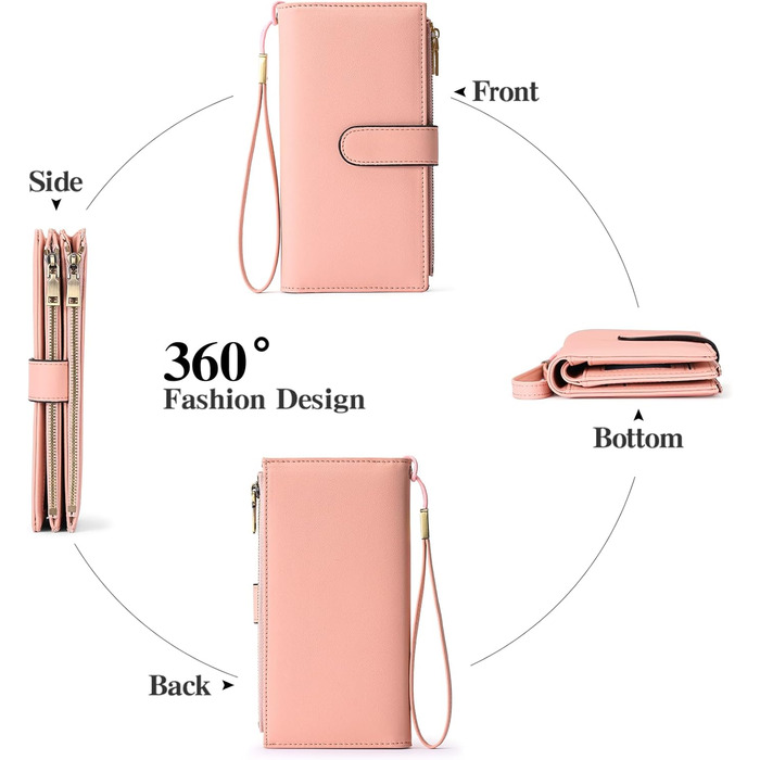 GOIACII Wallet for Women, Leather Wallet for Women, RFID Blocking Large and Long Wallet for Women with Multiple Card Slots, Removable Wrist Strap