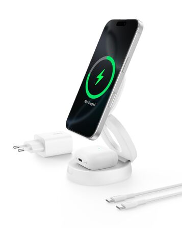 Бездротова зарядна станція 2-в-1 Belkin BoostCharge Qi2 15W MagSafe для iPhone 17, AirPods, Pixel, біла (з адаптером 30 Вт)