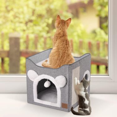 Foldable Cat House, 2-Tier Cat Cave Cube Large Space Cat Bed with Scratching Board and Play Ball for Small to Medium Pets Indoor Retreat 40 * 40 * 35cm Grey
