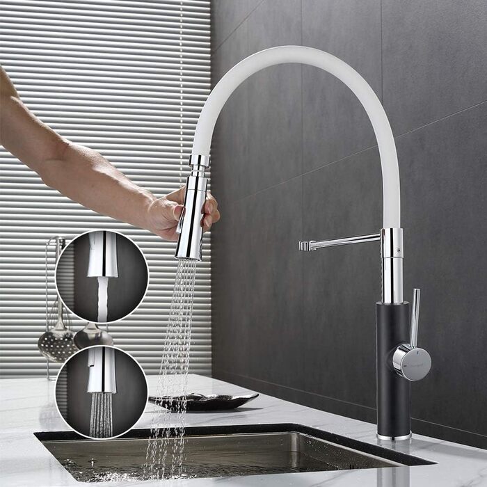 Кухонний змішувач Ibergrif з душем, гнучкий вилив, чорний/білий