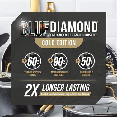 Набір посуду Blue Diamond Gold 10 предметів для індукційних плит, з алмазним покриттям, без PFAS та PFOA, антипригарне покриття, міцний, безпечний для металевих кухонних аксесуарів, придатний для миття в посудомийній машині, чорний