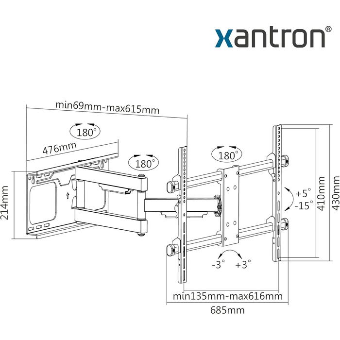 Кронштейн для ТБ Xantron® Strongline похилий 37-75 дюймів, VESA 100x100 - 600x400, до 75 кг, мінімальна відстань від стіни + комплект кріплень