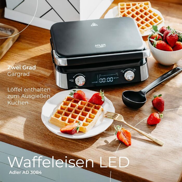 Вафельниця Adler Belgische Waffel – електрична вафельниця з LCD-дисплеєм, 2400W, 5 програм, 7 рівнів підсмажування, глибокі нагрівальні пластини 12x13x2 см