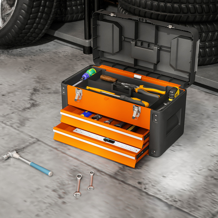 HOMCOM Empty Tool Box, 49.7 x 25.3 x 28.9 cm Tool Case with Drawer, Mini Box, Upper Storage Compartment, Handle, Steel Tool Case, Orange | Aosom