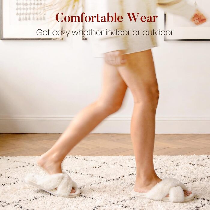 Тапочки халатні жіночі Ankis Plüsch з перехресними ремінцями, теплі зимові, з піною пам'яті та відкритими пальцями. М'які та пухнасті тапочки для дому та вулиці (білий, чорний, сірий, рожевий, верблюжий) 38/39 EU
