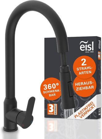 Кран кухонний гнучкий EISL Flexo з нержавіючої сталі/чорний, 360° обертання, високий вилив, Soft-Touch шланг, 2 функції, NI186FLNIB