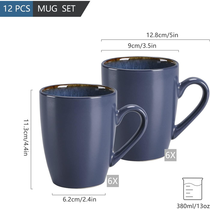 Coffee Mugs, Stoneware, Vancasso BUBBLE 12-Piece Mug Set, 380ml Coffee Cups with Handle