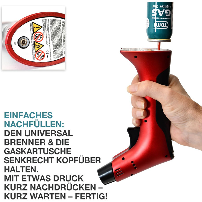 Набір газового пальника TOM Flambierbrenner Jetflame (Червоний) з балоном бутану, професійний кулінарний пальник з замком безпеки для кухні, кемпінгу та майстерні