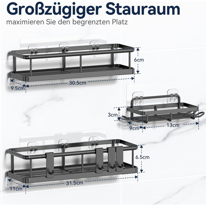 Поличка для душу YASONIC без свердління з мильницею - Органайзер для ванної кімнати з нержавіючої сталі, швидковисихаюча поличка для душу, тримач для шампуню, 3 шт. чорного кольору