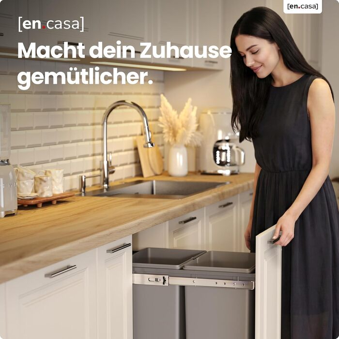 Сміттєвий бак вбудований [en.casa] Froland для кухні, 3 відділення, висувний, 48x34x42 см, сірий (2x20л)
