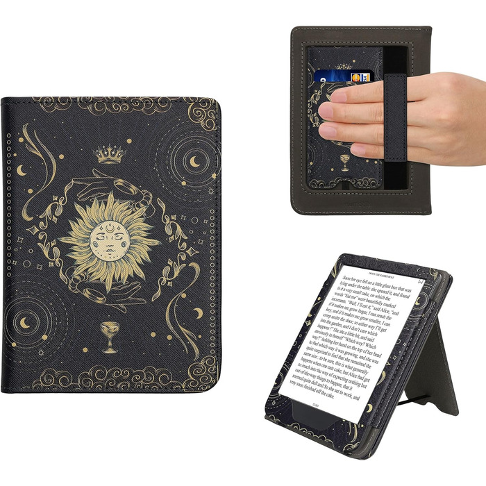 Чохол-книжка kwmobile для Kobo Clara BW/Clara Colour/Tolino Shine (5) / Shine Color з петлею для руки та мотивом бібліотеки (Таро, карти)