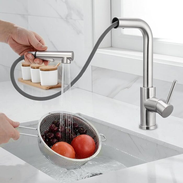 Кухонний змішувач висувний BONADE з душем, 360° поворот, змішувач для кухні з 2 струменями, з нержавіючої сталі, однорідний