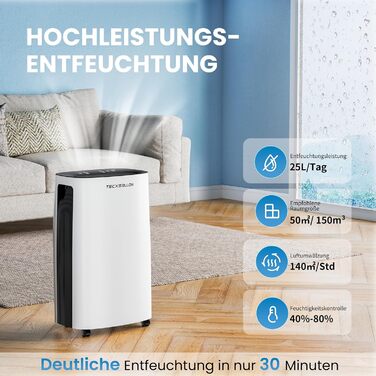 Електричний осушувач повітря 25л/день, 50㎡, з керуванням через додаток та сенсорною панеллю, для підвалу, бак 3.7л, злив по шлангу, 47dB, таймер 24г, захист від дітей, 3 роки гарантії