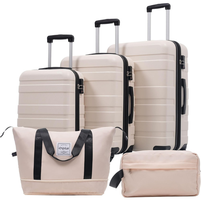 Набір валіз Merax 5 шт. (M-L-XL) з ABS-пластику, TSA-замок, розширювані, з сумкою та косметичкою, Бежевий + Чорний