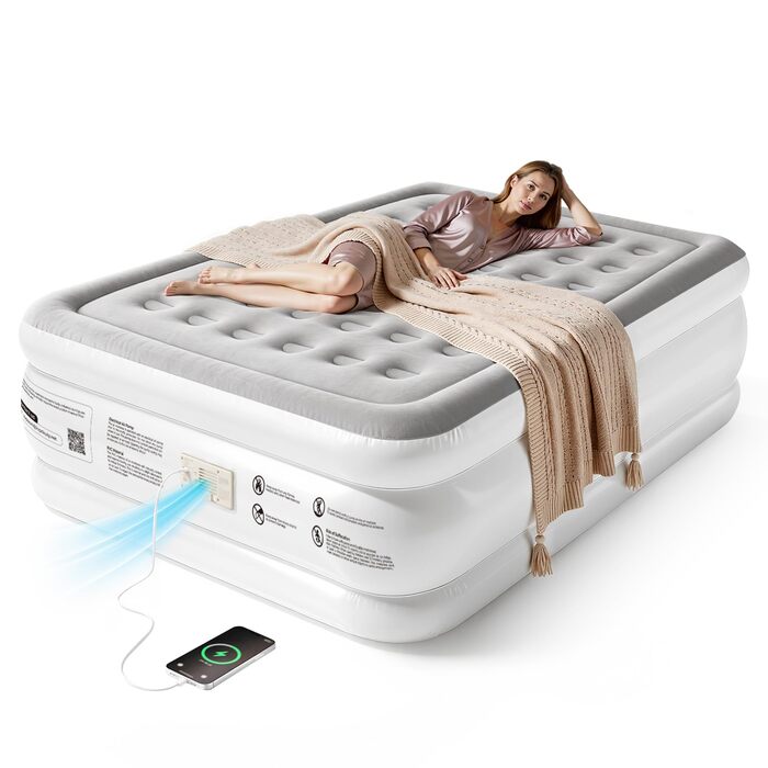 Надувний матрац Premium Luftmatratze з вбудованим насосом для 2 осіб, білий - швидке надування, м'яке флокування, для дому та кемпінгу