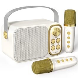Караоке машина з 2 мікрофонами, портативна Bluetooth колонка для дітей та дорослих з 7 ефектами, біла. Ідеально для вечірок та днів народження