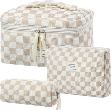 Набір косметичок 3 шт. з квітковим принтом, для подорожей та повсякденного використання | Косметичка для макіяжу для жінок та дівчат. Хакі в клітинку