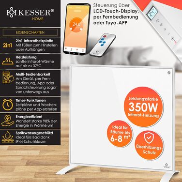 Інфрачервоний обігрівач KESSER 350Вт, енергоощадний, настінний і підлоговий, з термостатом, пультом та керуванням через додаток, електрична панель конвектор, білий