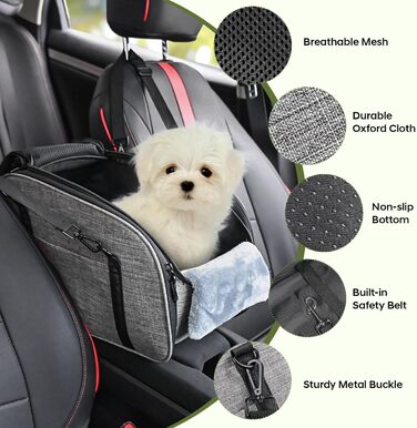 Автокрісло для собак Petzauber - зручне автокрісло для маленьких та середніх собак, сірого кольору, з подвійним ременем безпеки та неслизьким дном