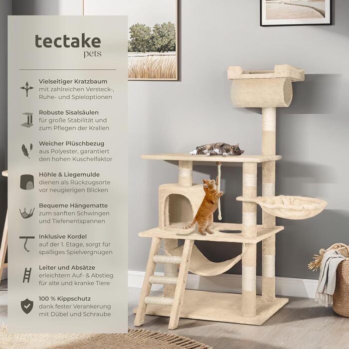 Котячий будиночок Tectake з гамаком, лежаком, печерою, сходами, трубою та іграшкою-шнурком. Великий котячий будиночок з сизалю та плюшу, котячий комплекс XXL, бежевий | 402279