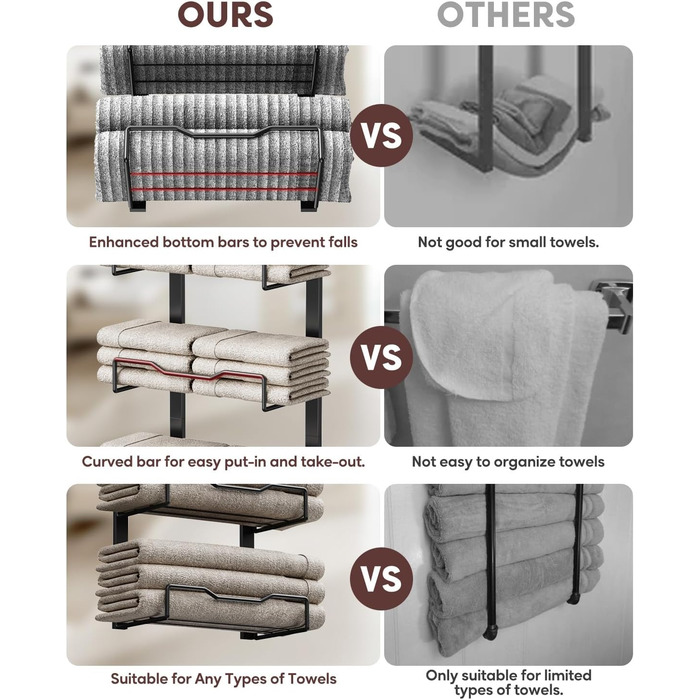 Настінний тримач для рушників у ванну кімнату, без свердління, 6-ярусна полиця для рушників над дверима, багаторівневий органайзер для рушників на двері, для складання (Чорний, 8 ярусів)