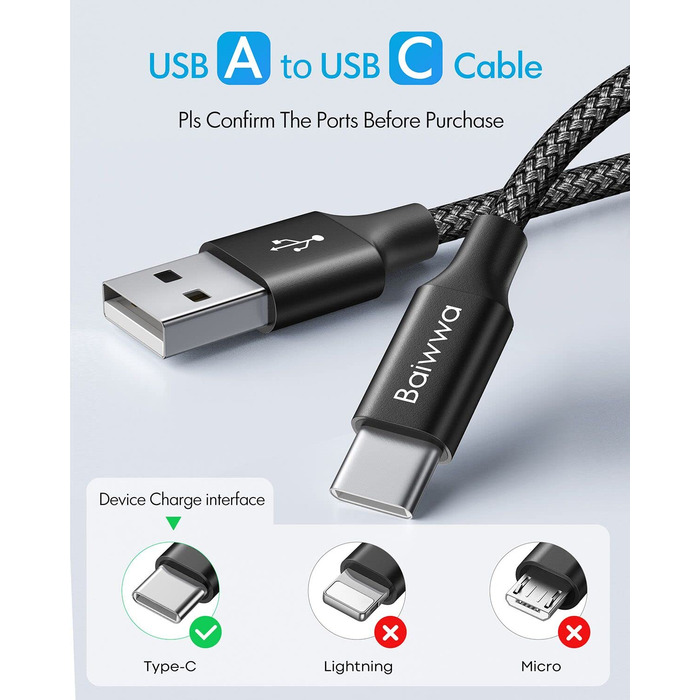 Кабель USB-C на USB-A, 4м, чорний: для Samsung, iPhone, Redmi, Pixel
