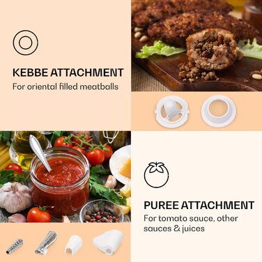 Електричний м'ясорубка Klarstein Mighty Mince: потужність 500-1361 Вт, насадки для ковбас, кеббе та пюре, томатно-прес, з ручками для перенесення, білий