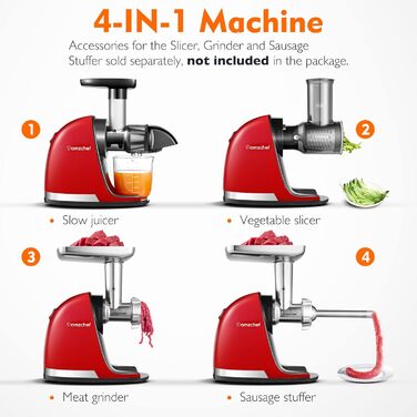 AMZCHEF Juicer for Vegetables and Fruits - Slow Juicer with Reverse-Chewing Function - Gentle Crushing without Filtering - Electric Juicer with Brush and 2 Cups - Rojo