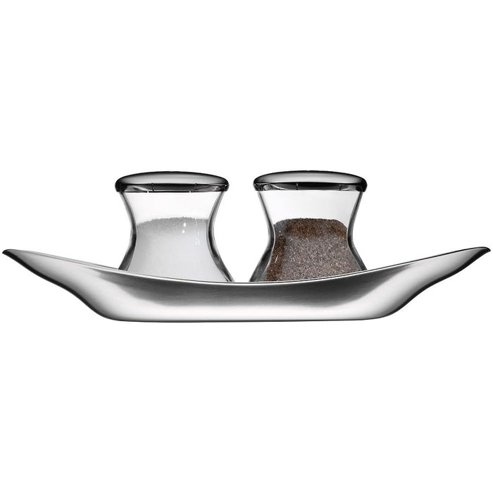 WMF Wagenfeld Shaker Set, 3-piece, Max and Moritz, shaker with plate, salt shaker, pepper shaker, glass, brushed Cromargan stainless steel, dishwasher safe